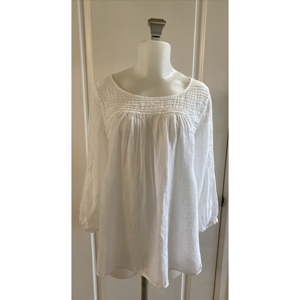 The White Company 100% Linen Blouse Top Size 10 White Pintuck Gauze Peasant Boho